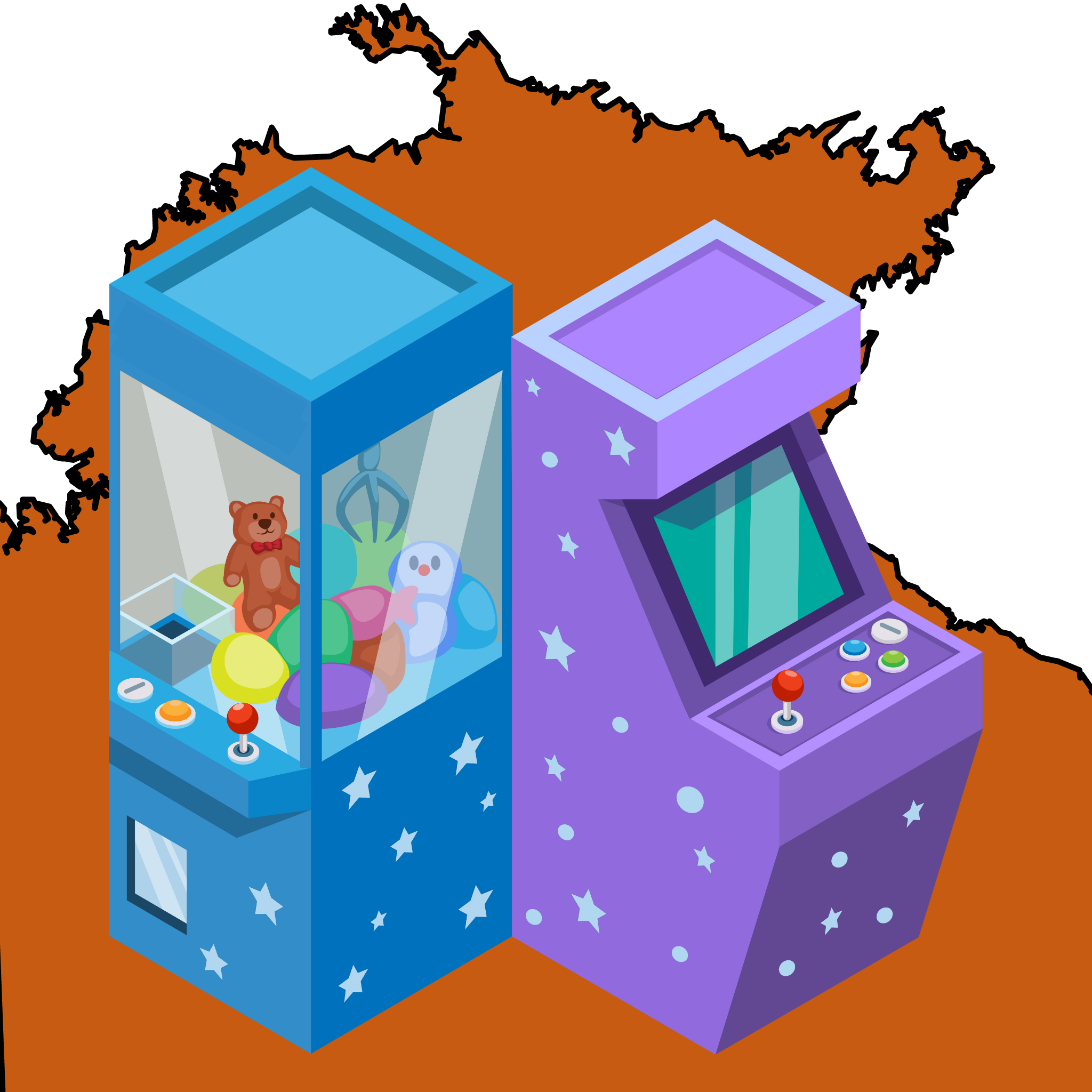 NT Amusements logo: a claw machine and an arcade cabinet on a map of the Northern Territory